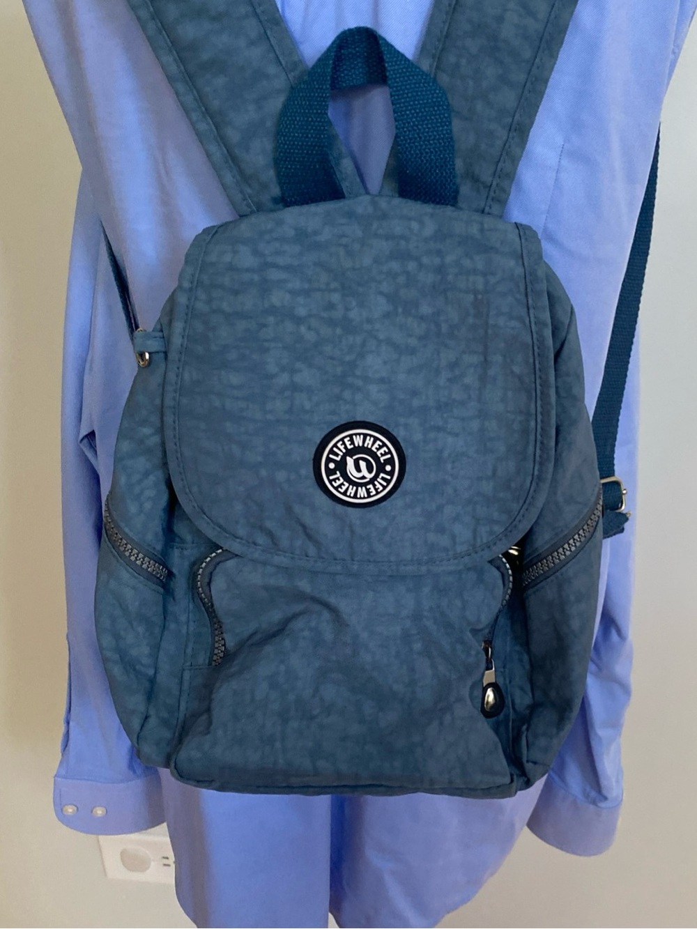 Lifewheel Blue Casual Mini nylon Backpack zips pockets key fob adjustable strap